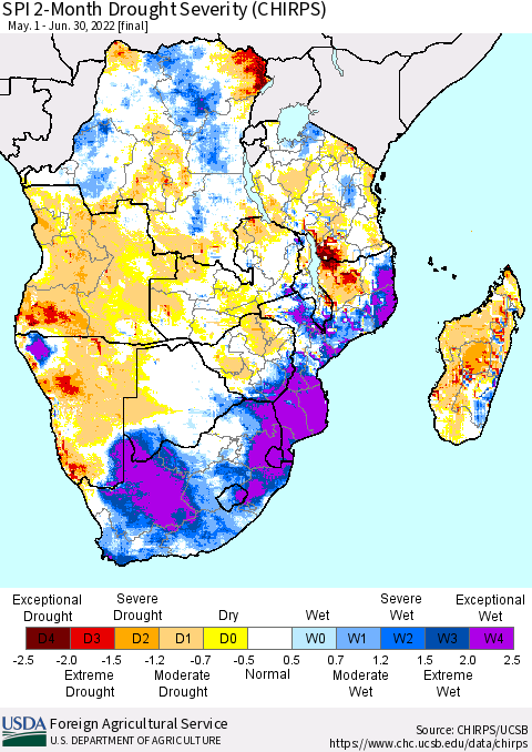 Southern Africa SPI 2-Month Drought Severity (CHIRPS) Thematic Map For 5/1/2022 - 6/30/2022