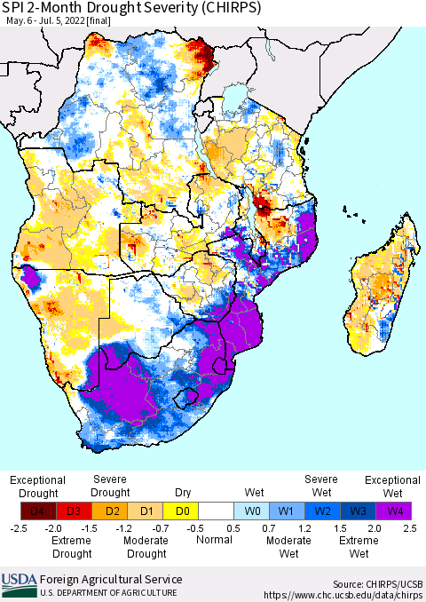 Southern Africa SPI 2-Month Drought Severity (CHIRPS) Thematic Map For 5/6/2022 - 7/5/2022