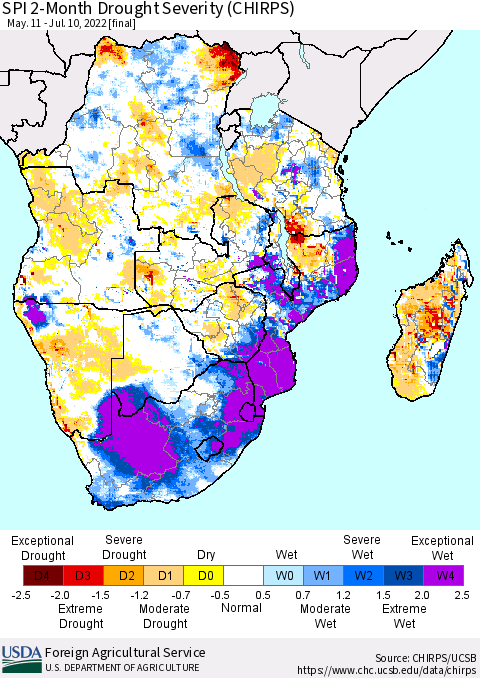 Southern Africa SPI 2-Month Drought Severity (CHIRPS) Thematic Map For 5/11/2022 - 7/10/2022