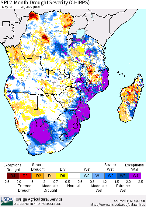 Southern Africa SPI 2-Month Drought Severity (CHIRPS) Thematic Map For 5/21/2022 - 7/20/2022