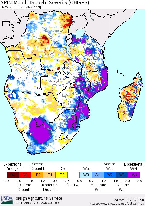 Southern Africa SPI 2-Month Drought Severity (CHIRPS) Thematic Map For 5/26/2022 - 7/25/2022