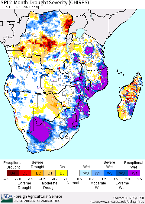 Southern Africa SPI 2-Month Drought Severity (CHIRPS) Thematic Map For 6/1/2022 - 7/31/2022