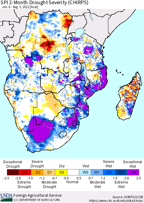 Southern Africa SPI 2-Month Drought Severity (CHIRPS) Thematic Map For 6/6/2022 - 8/5/2022