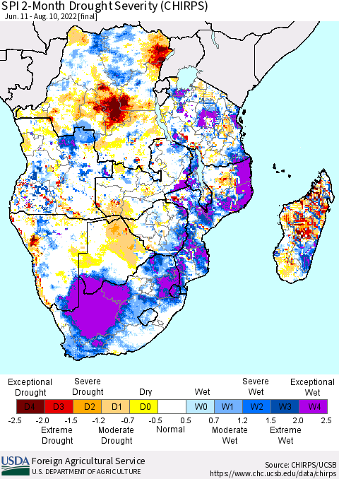 Southern Africa SPI 2-Month Drought Severity (CHIRPS) Thematic Map For 6/11/2022 - 8/10/2022
