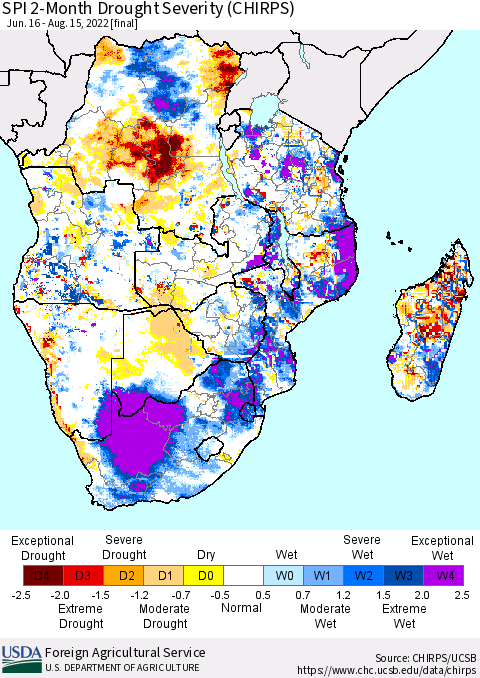Southern Africa SPI 2-Month Drought Severity (CHIRPS) Thematic Map For 6/16/2022 - 8/15/2022