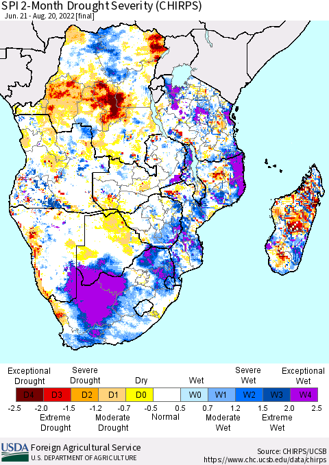 Southern Africa SPI 2-Month Drought Severity (CHIRPS) Thematic Map For 6/21/2022 - 8/20/2022