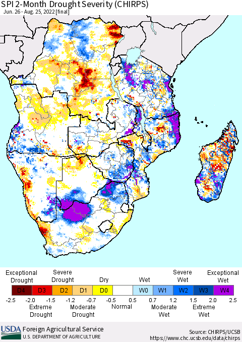 Southern Africa SPI 2-Month Drought Severity (CHIRPS) Thematic Map For 6/26/2022 - 8/25/2022