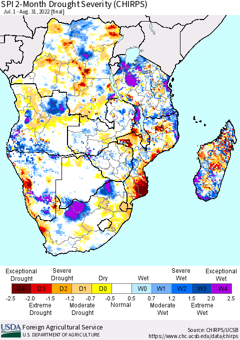 Southern Africa SPI 2-Month Drought Severity (CHIRPS) Thematic Map For 7/1/2022 - 8/31/2022