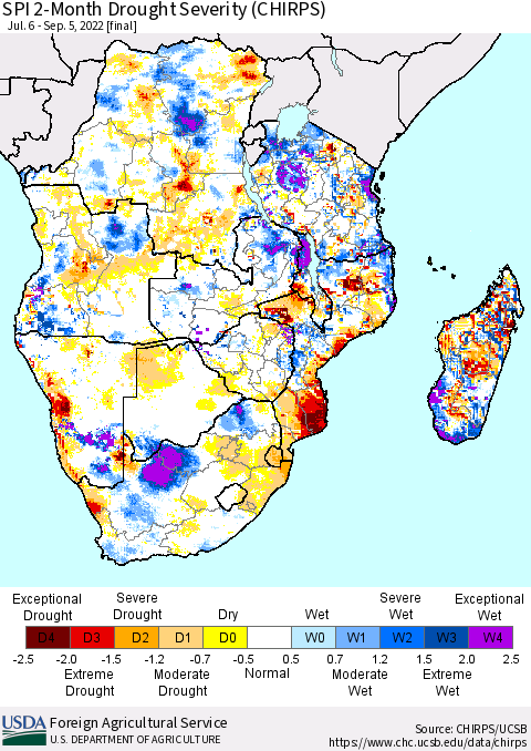 Southern Africa SPI 2-Month Drought Severity (CHIRPS) Thematic Map For 7/6/2022 - 9/5/2022