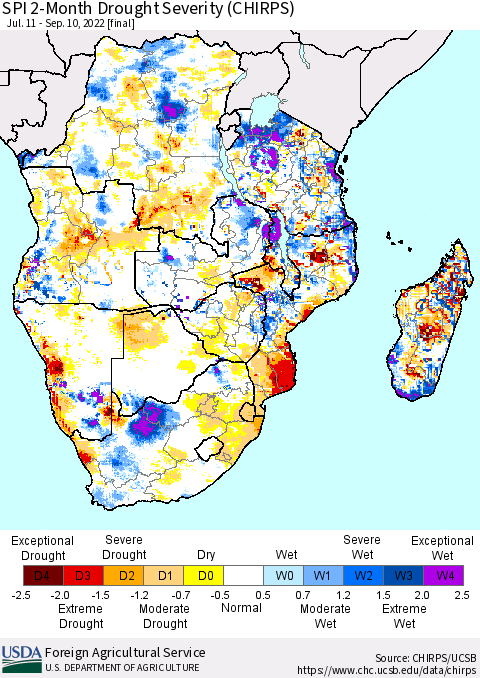 Southern Africa SPI 2-Month Drought Severity (CHIRPS) Thematic Map For 7/11/2022 - 9/10/2022