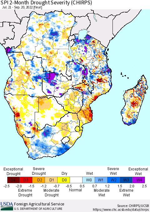 Southern Africa SPI 2-Month Drought Severity (CHIRPS) Thematic Map For 7/21/2022 - 9/20/2022