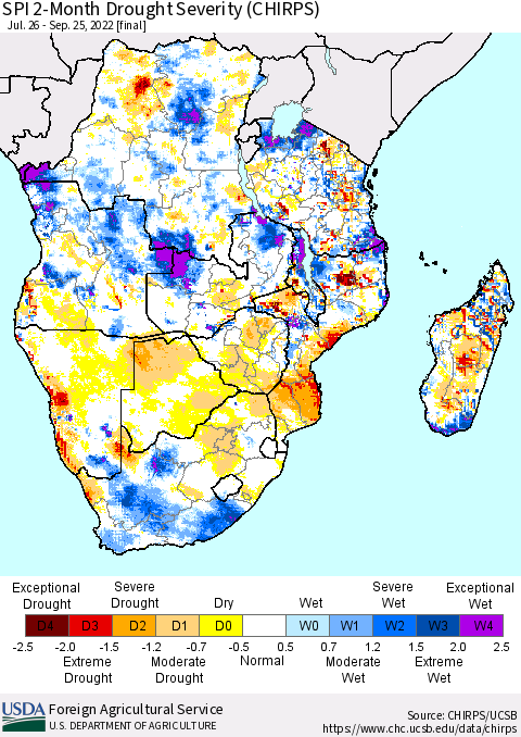 Southern Africa SPI 2-Month Drought Severity (CHIRPS) Thematic Map For 7/26/2022 - 9/25/2022