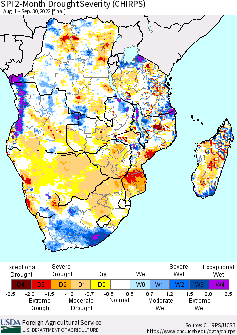 Southern Africa SPI 2-Month Drought Severity (CHIRPS) Thematic Map For 8/1/2022 - 9/30/2022