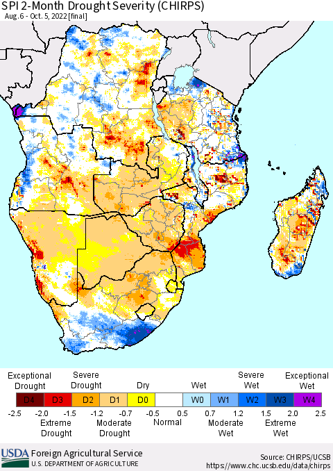 Southern Africa SPI 2-Month Drought Severity (CHIRPS) Thematic Map For 8/6/2022 - 10/5/2022