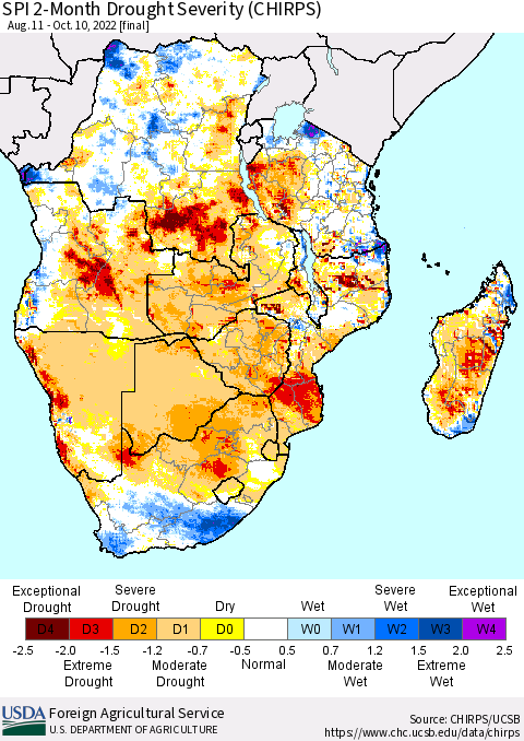 Southern Africa SPI 2-Month Drought Severity (CHIRPS) Thematic Map For 8/11/2022 - 10/10/2022