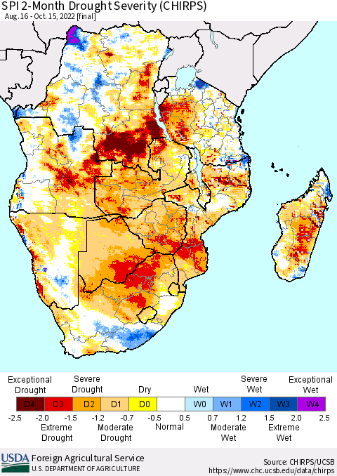 Southern Africa SPI 2-Month Drought Severity (CHIRPS) Thematic Map For 8/16/2022 - 10/15/2022