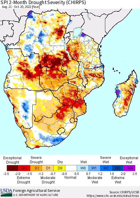 Southern Africa SPI 2-Month Drought Severity (CHIRPS) Thematic Map For 8/21/2022 - 10/20/2022