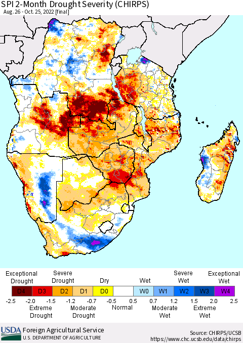 Southern Africa SPI 2-Month Drought Severity (CHIRPS) Thematic Map For 8/26/2022 - 10/25/2022