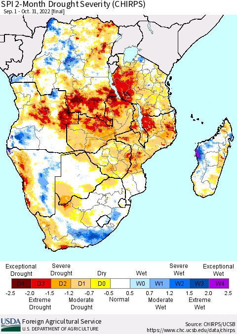 Southern Africa SPI 2-Month Drought Severity (CHIRPS) Thematic Map For 9/1/2022 - 10/31/2022