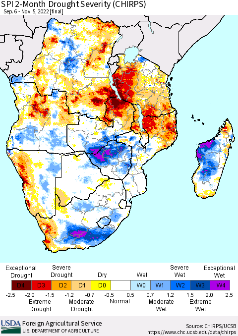 Southern Africa SPI 2-Month Drought Severity (CHIRPS) Thematic Map For 9/6/2022 - 11/5/2022