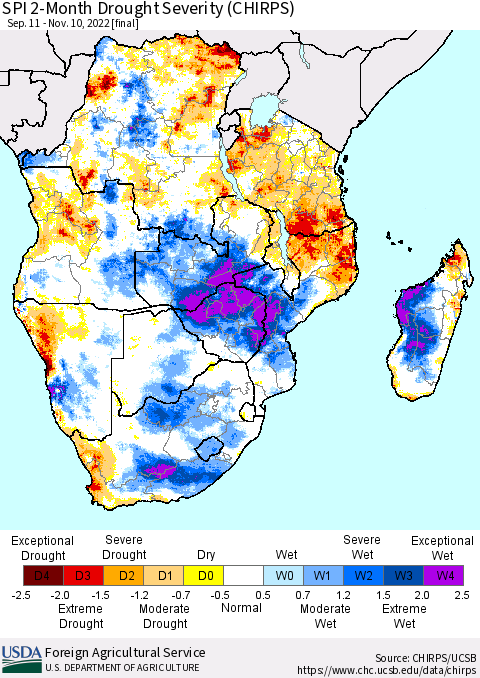 Southern Africa SPI 2-Month Drought Severity (CHIRPS) Thematic Map For 9/11/2022 - 11/10/2022