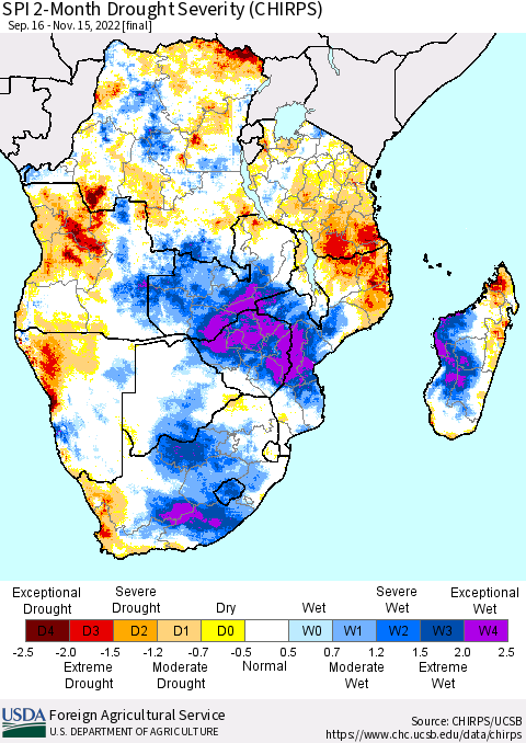 Southern Africa SPI 2-Month Drought Severity (CHIRPS) Thematic Map For 9/16/2022 - 11/15/2022