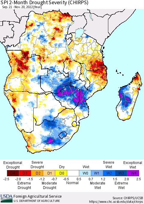 Southern Africa SPI 2-Month Drought Severity (CHIRPS) Thematic Map For 9/21/2022 - 11/20/2022
