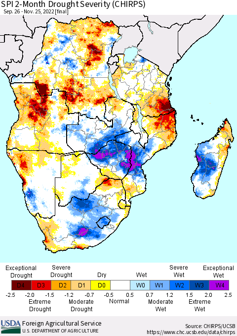 Southern Africa SPI 2-Month Drought Severity (CHIRPS) Thematic Map For 9/26/2022 - 11/25/2022