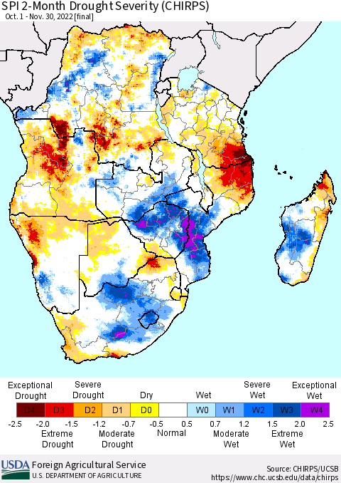 Southern Africa SPI 2-Month Drought Severity (CHIRPS) Thematic Map For 10/1/2022 - 11/30/2022