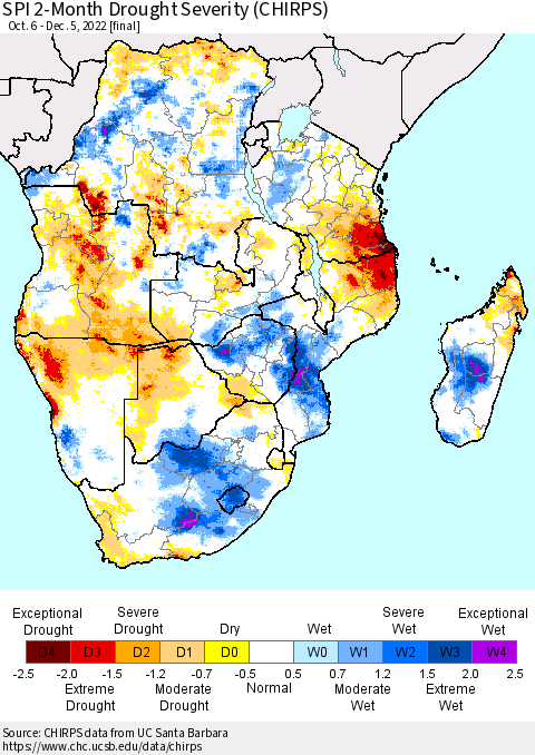 Southern Africa SPI 2-Month Drought Severity (CHIRPS) Thematic Map For 10/6/2022 - 12/5/2022