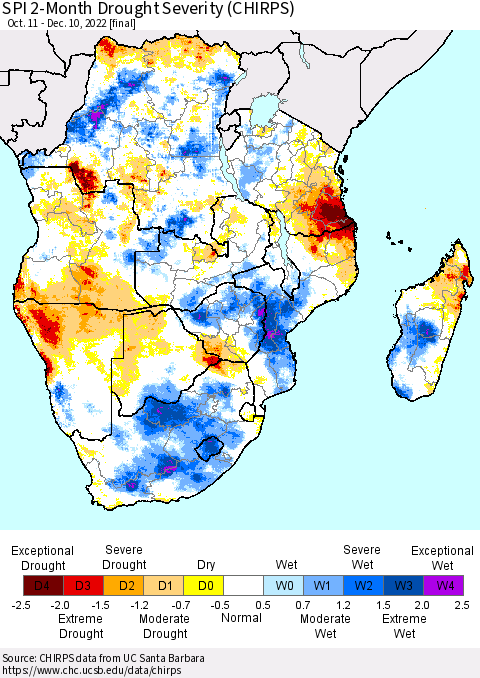 Southern Africa SPI 2-Month Drought Severity (CHIRPS) Thematic Map For 10/11/2022 - 12/10/2022