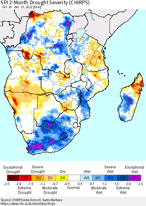Southern Africa SPI 2-Month Drought Severity (CHIRPS) Thematic Map For 10/16/2022 - 12/15/2022