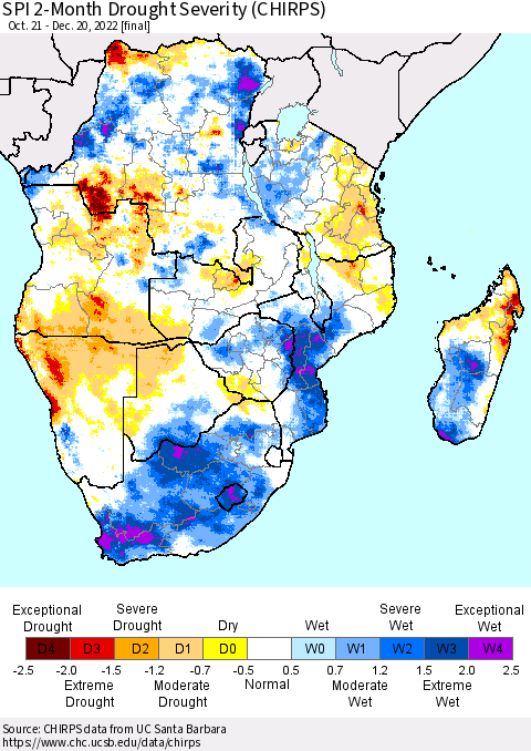 Southern Africa SPI 2-Month Drought Severity (CHIRPS) Thematic Map For 10/21/2022 - 12/20/2022
