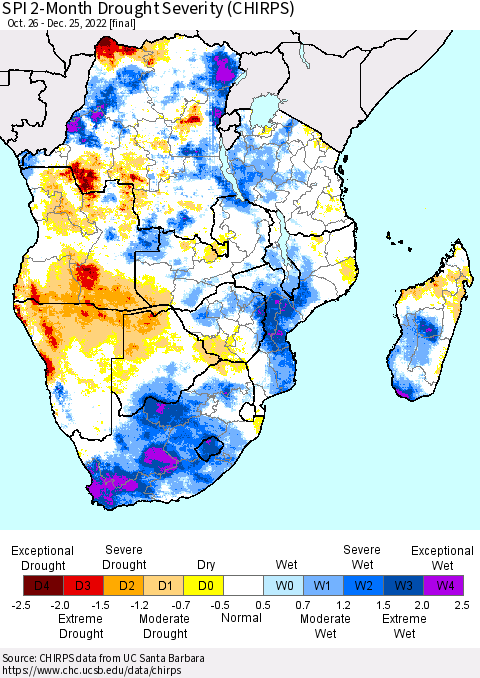 Southern Africa SPI 2-Month Drought Severity (CHIRPS) Thematic Map For 10/26/2022 - 12/25/2022