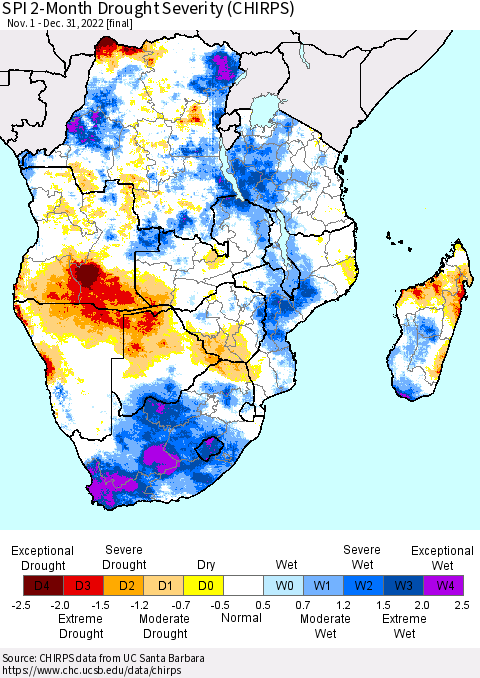 Southern Africa SPI 2-Month Drought Severity (CHIRPS) Thematic Map For 11/1/2022 - 12/31/2022