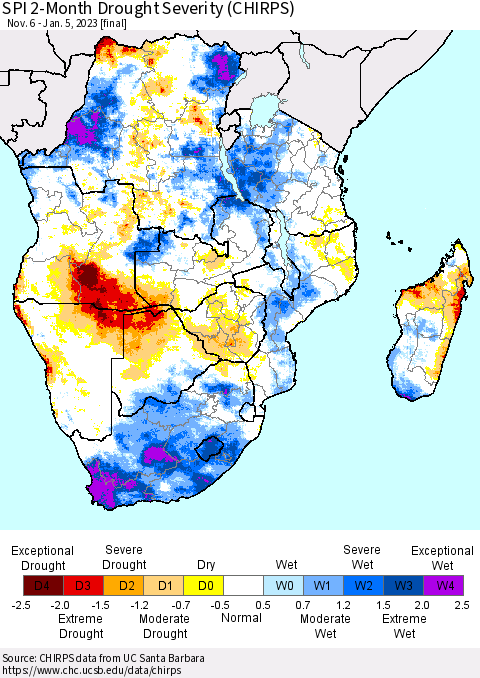 Southern Africa SPI 2-Month Drought Severity (CHIRPS) Thematic Map For 11/6/2022 - 1/5/2023