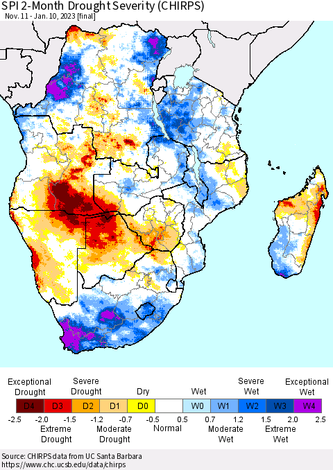 Southern Africa SPI 2-Month Drought Severity (CHIRPS) Thematic Map For 11/11/2022 - 1/10/2023
