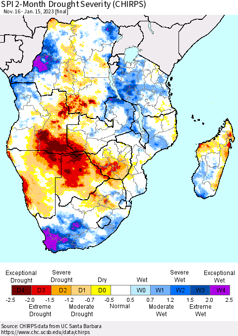 Southern Africa SPI 2-Month Drought Severity (CHIRPS) Thematic Map For 11/16/2022 - 1/15/2023