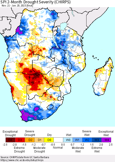 Southern Africa SPI 2-Month Drought Severity (CHIRPS) Thematic Map For 11/21/2022 - 1/20/2023