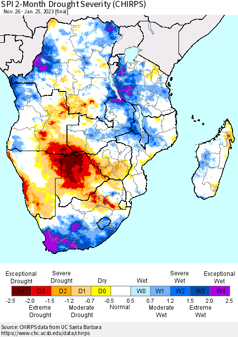 Southern Africa SPI 2-Month Drought Severity (CHIRPS) Thematic Map For 11/26/2022 - 1/25/2023