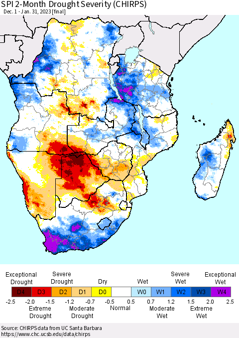 Southern Africa SPI 2-Month Drought Severity (CHIRPS) Thematic Map For 12/1/2022 - 1/31/2023