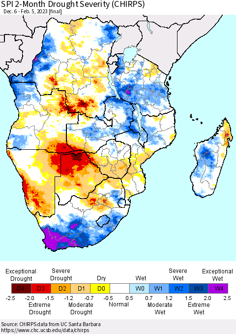 Southern Africa SPI 2-Month Drought Severity (CHIRPS) Thematic Map For 12/6/2022 - 2/5/2023