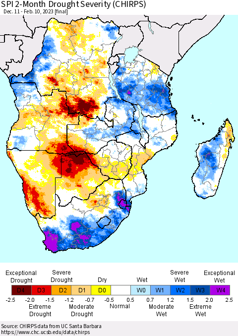 Southern Africa SPI 2-Month Drought Severity (CHIRPS) Thematic Map For 12/11/2022 - 2/10/2023