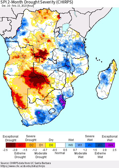 Southern Africa SPI 2-Month Drought Severity (CHIRPS) Thematic Map For 12/16/2022 - 2/15/2023