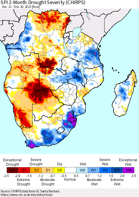 Southern Africa SPI 2-Month Drought Severity (CHIRPS) Thematic Map For 12/21/2022 - 2/20/2023