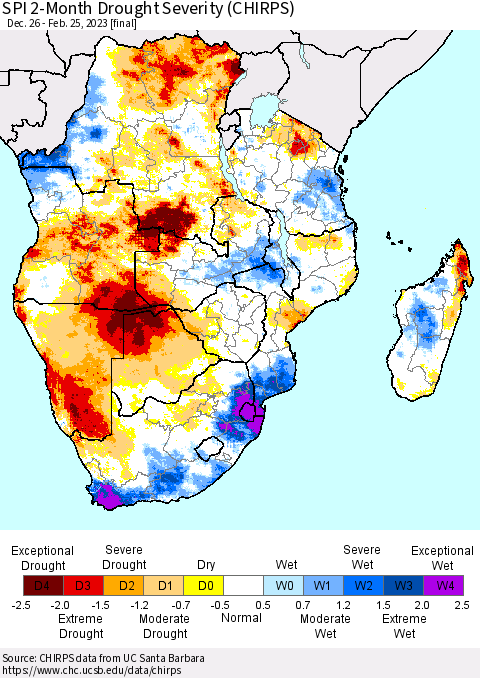Southern Africa SPI 2-Month Drought Severity (CHIRPS) Thematic Map For 12/26/2022 - 2/25/2023