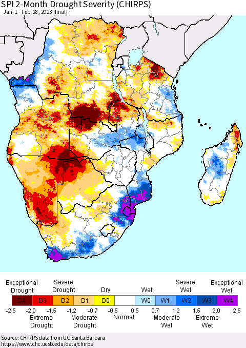 Southern Africa SPI 2-Month Drought Severity (CHIRPS) Thematic Map For 1/1/2023 - 2/28/2023