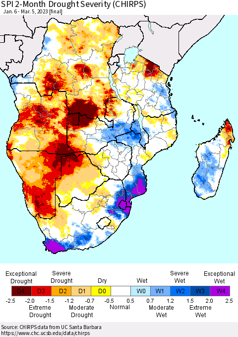 Southern Africa SPI 2-Month Drought Severity (CHIRPS) Thematic Map For 1/6/2023 - 3/5/2023