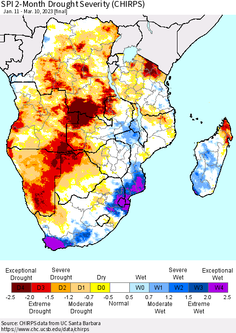 Southern Africa SPI 2-Month Drought Severity (CHIRPS) Thematic Map For 1/11/2023 - 3/10/2023