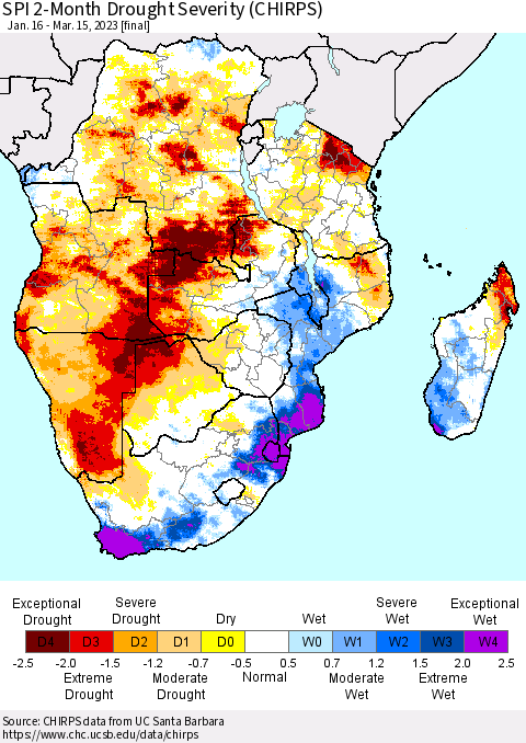 Southern Africa SPI 2-Month Drought Severity (CHIRPS) Thematic Map For 1/16/2023 - 3/15/2023